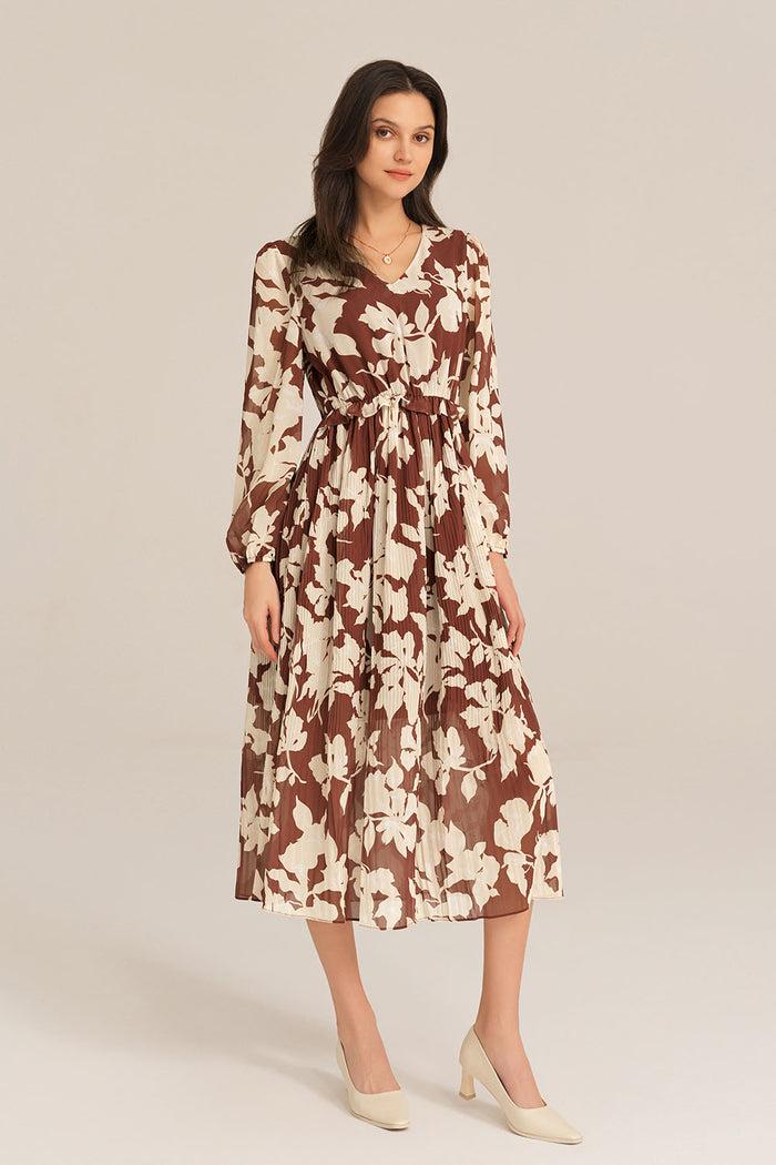 Grace Karin Elastic Waist Long Sleeve V-Neck Pleated Floral Midi Dress - Brown
