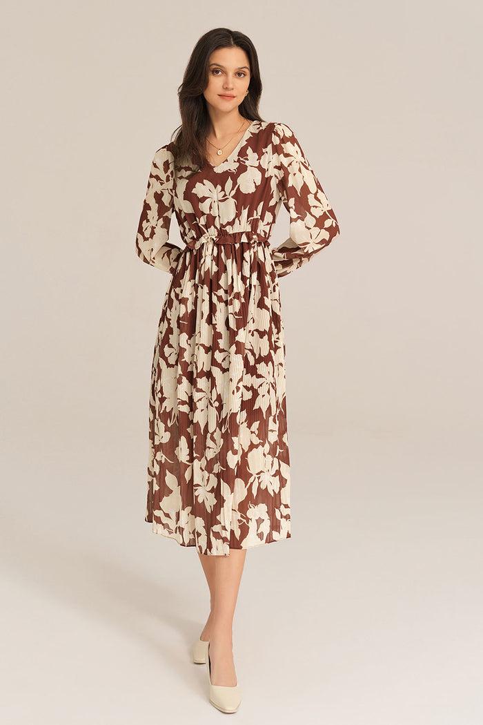 Grace Karin Elastic Waist Long Sleeve V-Neck Pleated Floral Midi Dress - Brown