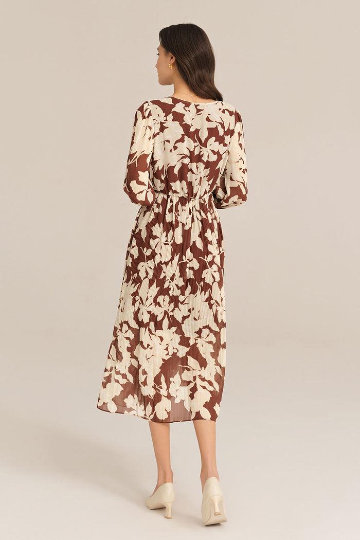 Grace Karin Elastic Waist Long Sleeve V-Neck Pleated Floral Midi Dress - Brown