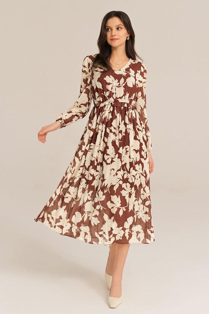 Grace Karin Elastic Waist Long Sleeve V-Neck Pleated Floral Midi Dress - Brown