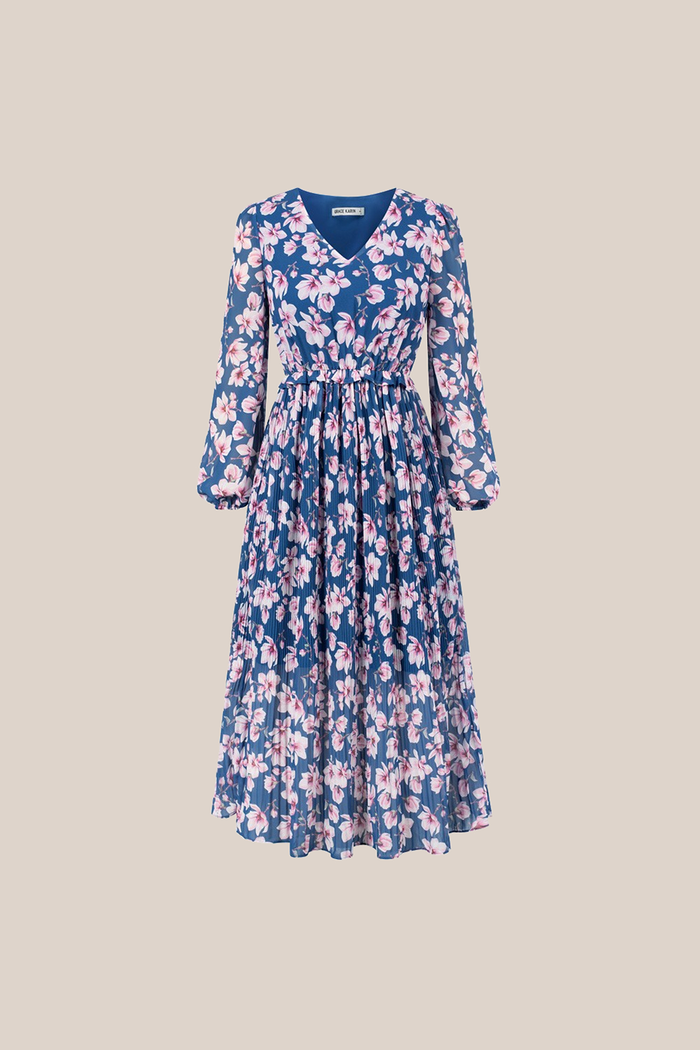 Grace Karin Elastic Waist Long Sleeve V-Neck Pleated Floral Midi Dress - Blue