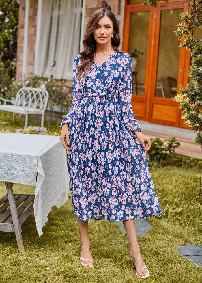 grace karin Elastic Waist Long Sleeve V-Neck Pleated Floral Midi Dress - Blue