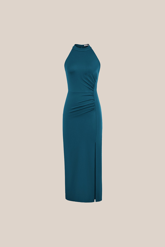 Grace Karin Front Slit Crew Neck Halterneck Ruched Bodycon Party Maxi Dress - Cerulean