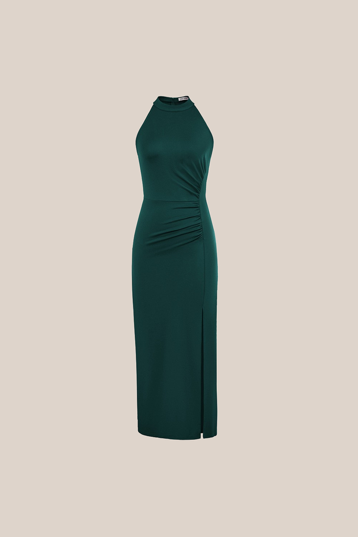 Grace Karin Front Slit Crew Neck Halterneck Ruched Bodycon Party Maxi Dress - Green