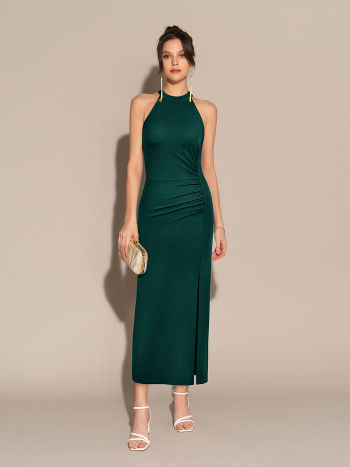 grace karin Front Slit Crew Neck Halterneck Ruched Bodycon Party Maxi Dress - Green