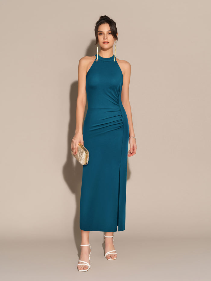 grace karin Front Slit Crew Neck Halterneck Ruched Bodycon Party Maxi Dress - Cerulean