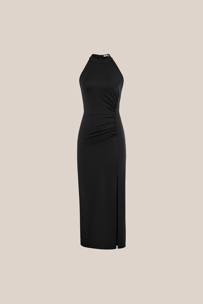 Grace Karin Front Slit Crew Neck Halterneck Ruched Bodycon Party Maxi Dress - Black
