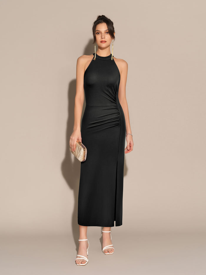 grace karin Front Slit Crew Neck Halterneck Ruched Bodycon Party Maxi Dress - Black