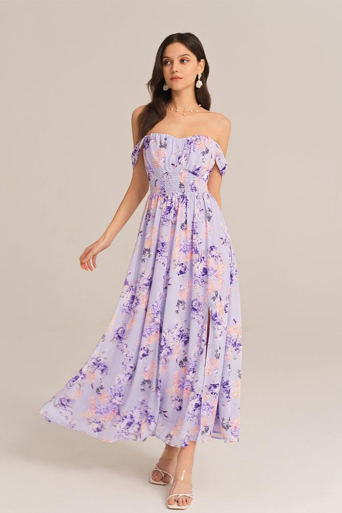 Grace Karin Front Slit Off Shoulder Elastic Waist Flared Dress - Purple