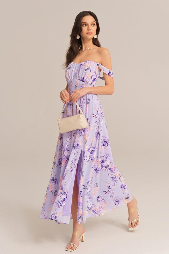 grace karin Front Slit Off Shoulder Elastic Waist Flared Dress - Purple grace karin Front Slit Off Shoulder Elastic Waist Flared Dress - Purple