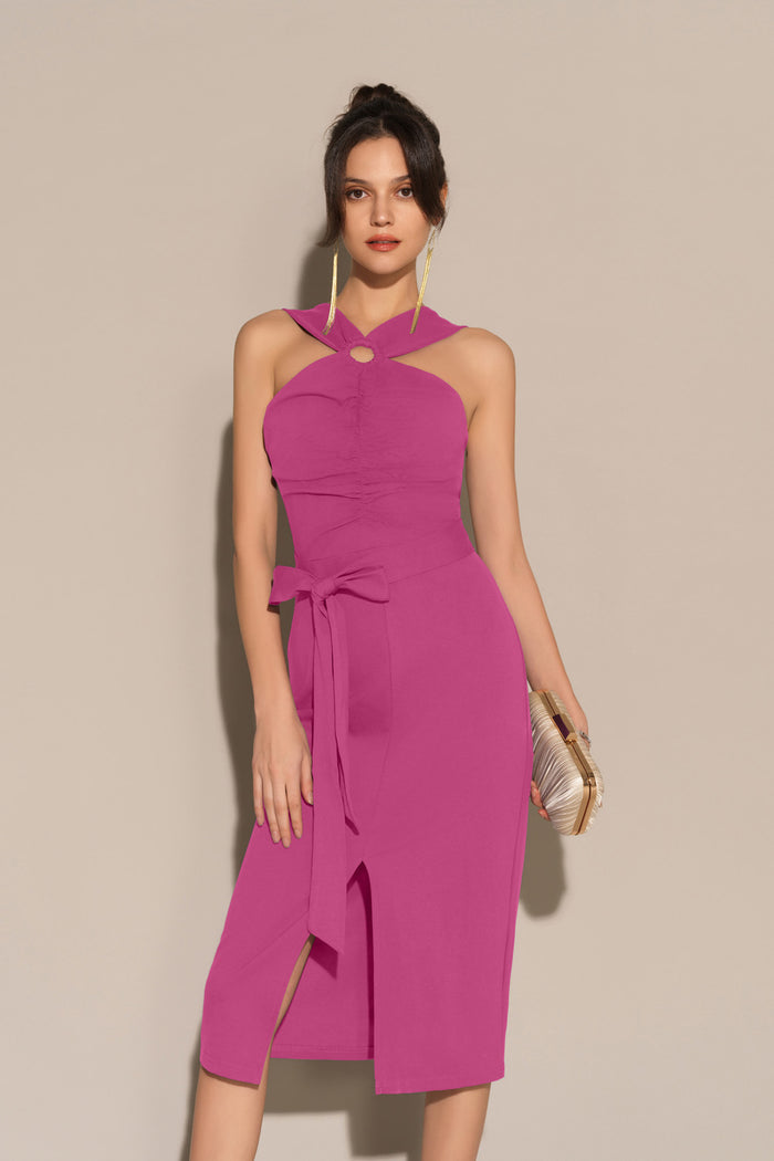 Grace Karin Front Slit Ruched Bodice Halterneck Bodycon Party Dress - Pink