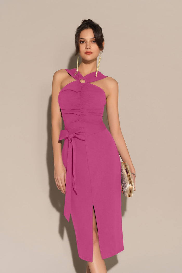 Grace Karin Front Slit Ruched Bodice Halterneck Bodycon Party Dress - Pink