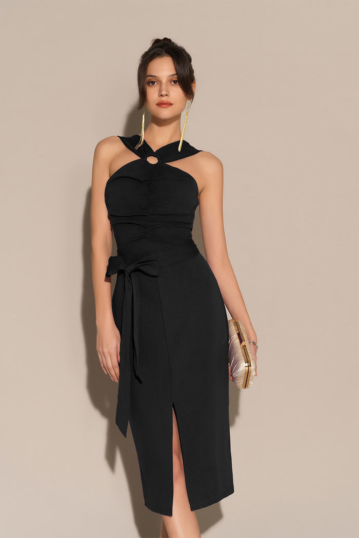 Grace Karin Front Slit Ruched Bodice Halterneck Bodycon Party Dress - Black