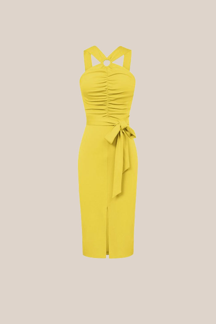 Grace Karin Front Slit Ruched Bodice Halterneck Bodycon Party Dress - Yellow