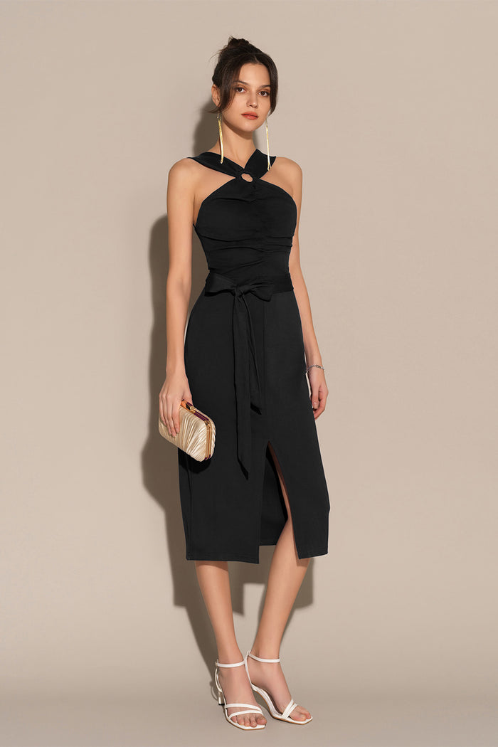 Grace Karin Front Slit Ruched Bodice Halterneck Bodycon Party Dress - Black