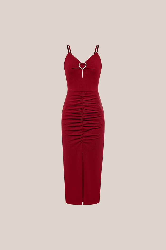 Grace Karin Front Slit V-Neck Spaghetti Straps Ruched Bodycon Party Dress - Red