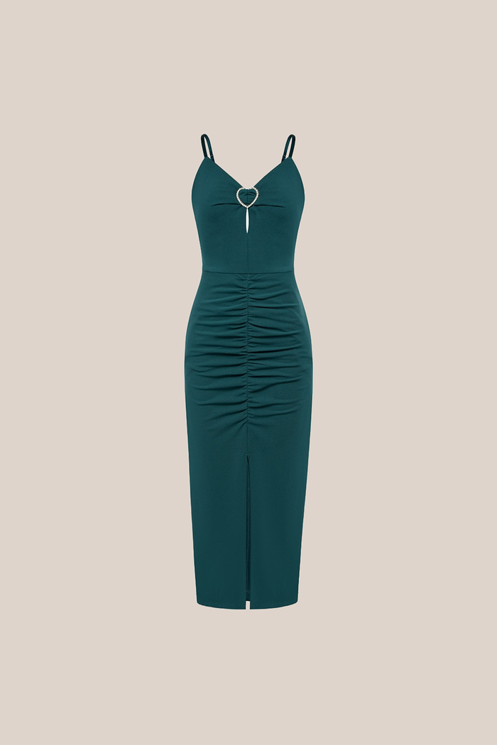 Grace Karin Front Slit V-Neck Spaghetti Straps Ruched Bodycon Party Dress - Green