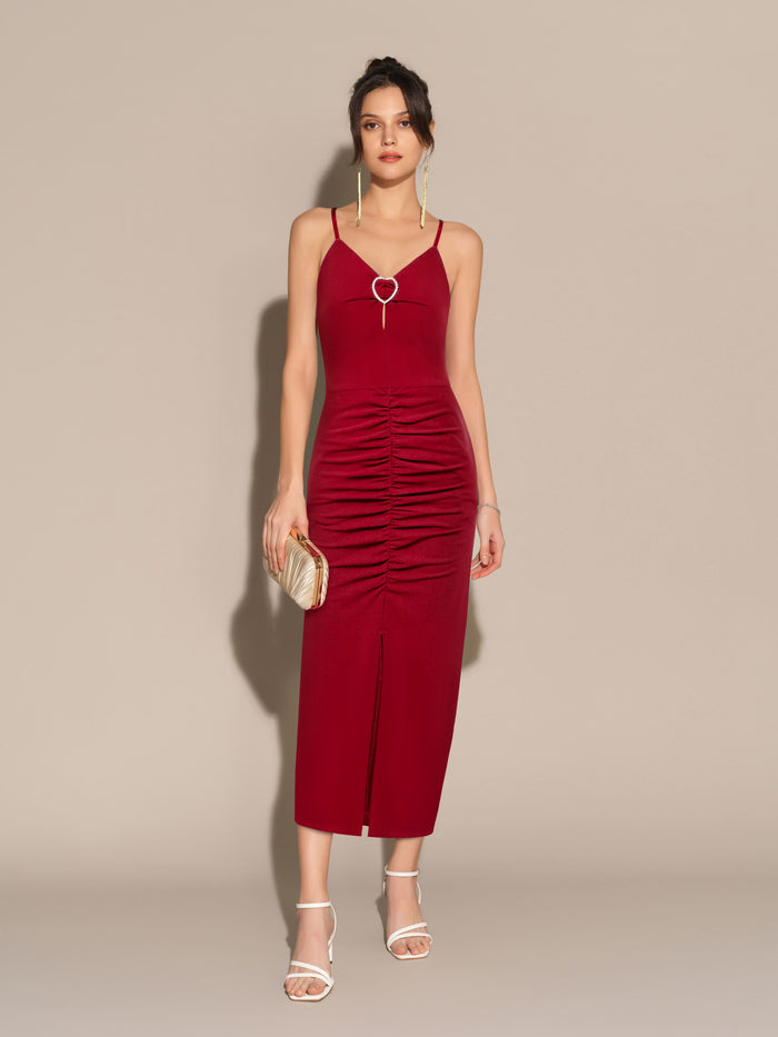 grace karin Front Slit V-Neck Spaghetti Straps Ruched Bodycon Party Dress - Red