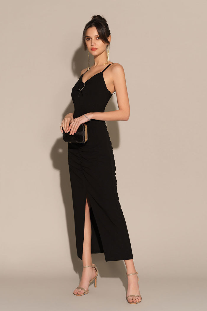 Grace Karin Front Slit V-Neck Spaghetti Straps Ruched Bodycon Party Dress - Black