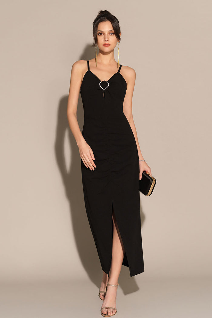 grace karin Front Slit V-Neck Spaghetti Straps Ruched Bodycon Party Dress - Black