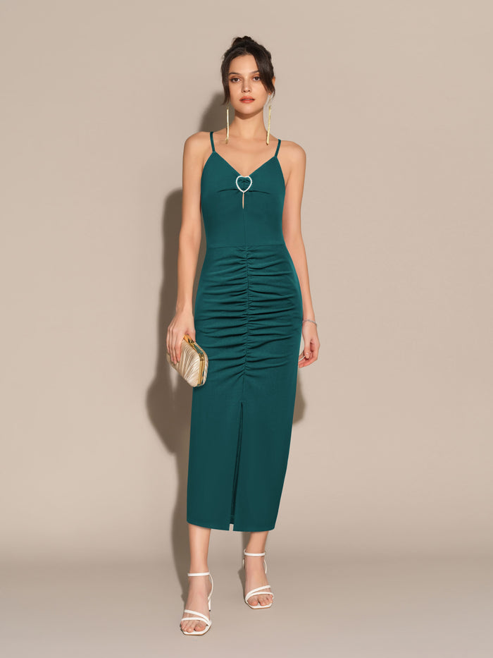 grace karin Front Slit V-Neck Spaghetti Straps Ruched Bodycon Party Dress - Green