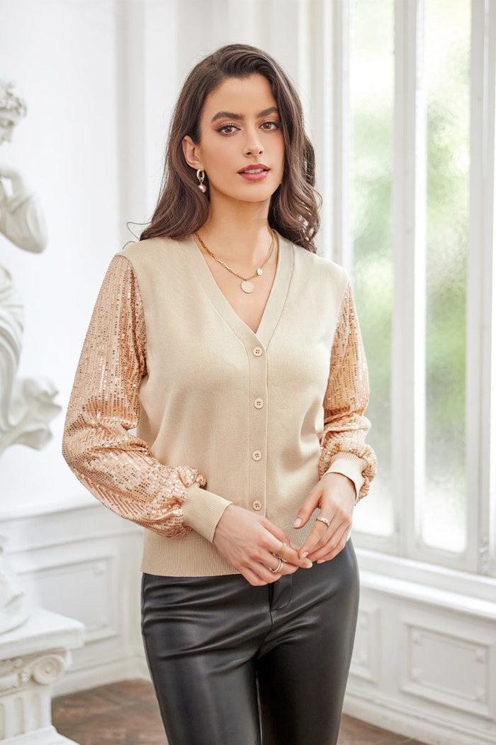 Grace Karin GK Contrast Fabric Cardigan Sequined V-Neck Party Sweater