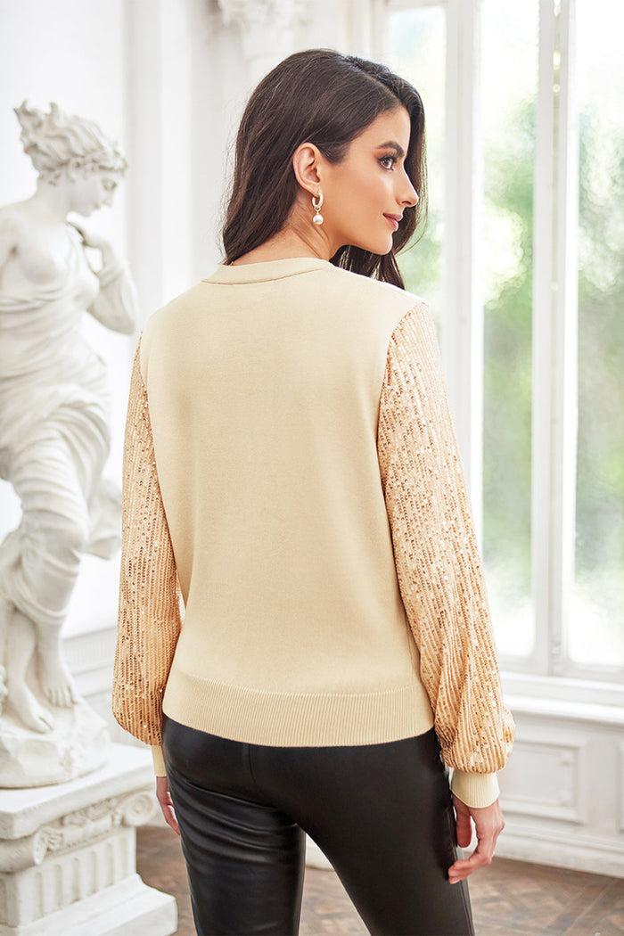 Grace Karin GK Contrast Fabric Cardigan Sequined V-Neck Party Sweater