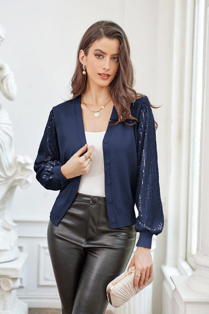 Grace Karin GK Contrast Fabric Cardigan Sequined V-Neck Party Sweater