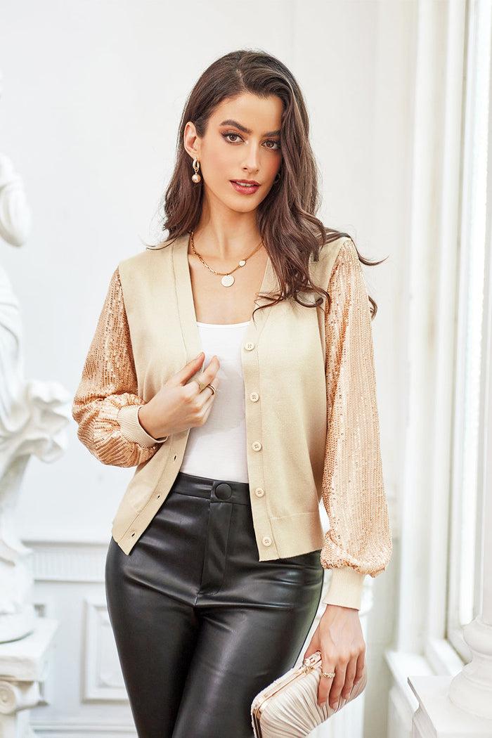 grace karin GK Contrast Fabric Cardigan Sequined V-Neck Party Sweater