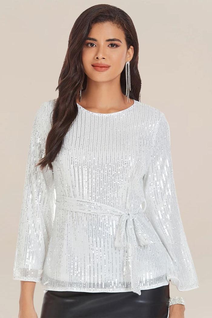 Grace Karin GK Hollowed-out Back Long Sleeve Crew Neck Sequined Tops