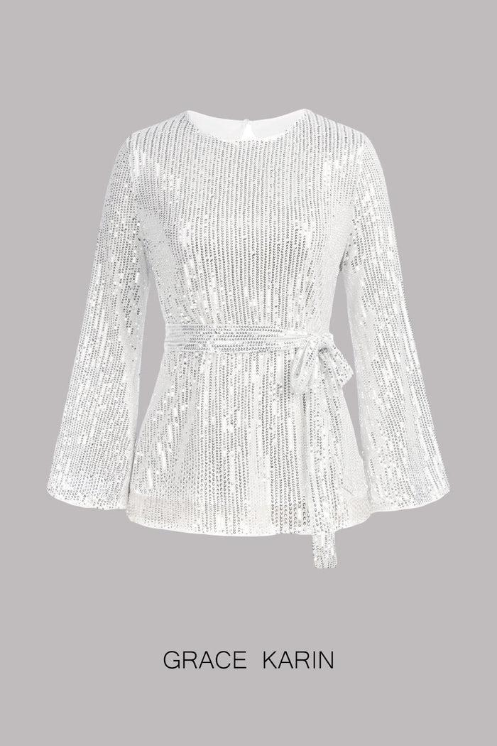 Grace Karin GK Hollowed-out Back Long Sleeve Crew Neck Sequined Tops