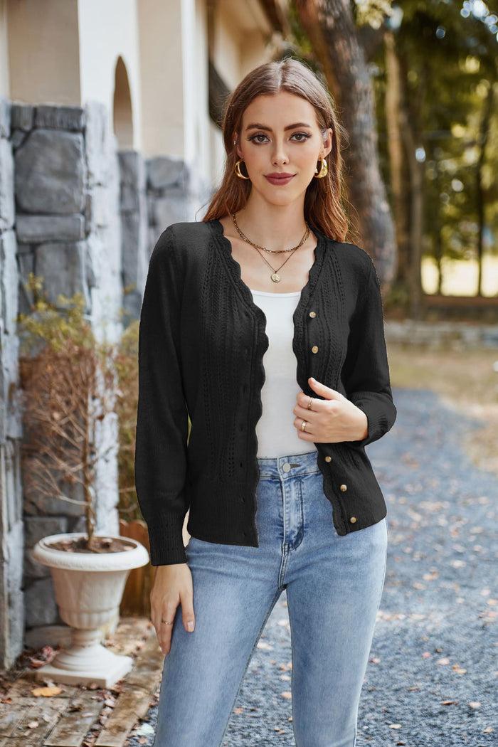 Grace Karin GK Hollowed-out Cardigan Long Sleeve V-Neck Wide Ribbed Hem Sweater