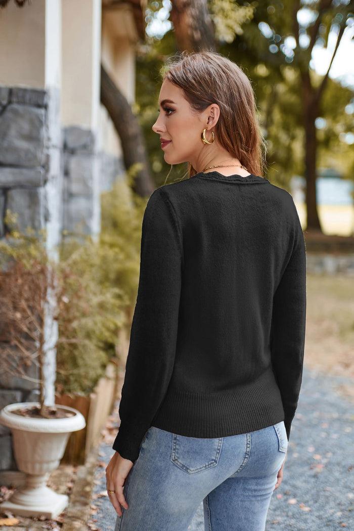 Grace Karin GK Hollowed-out Cardigan Long Sleeve V-Neck Wide Ribbed Hem Sweater