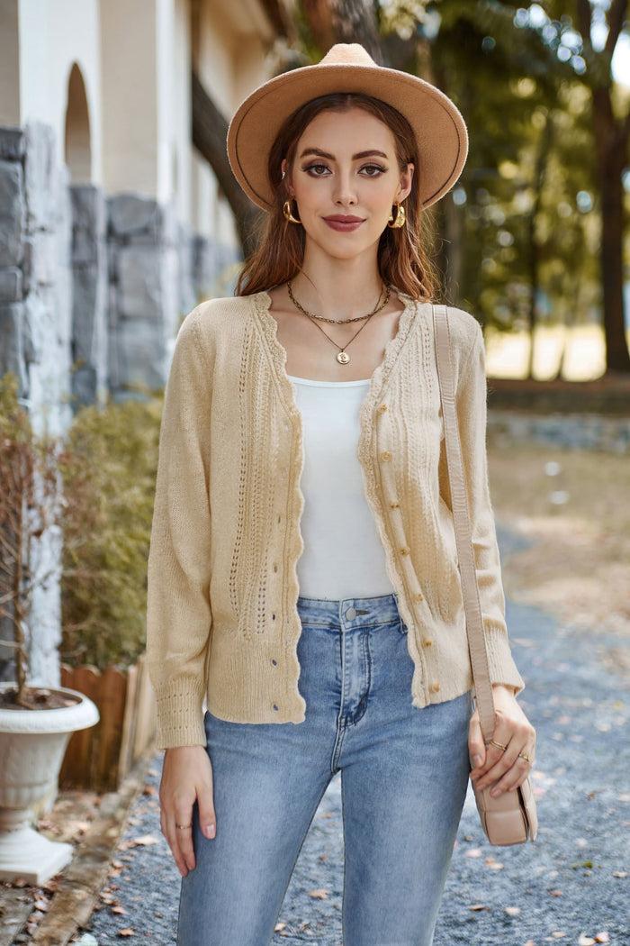 Grace Karin GK Hollowed-out Cardigan Long Sleeve V-Neck Wide Ribbed Hem Sweater