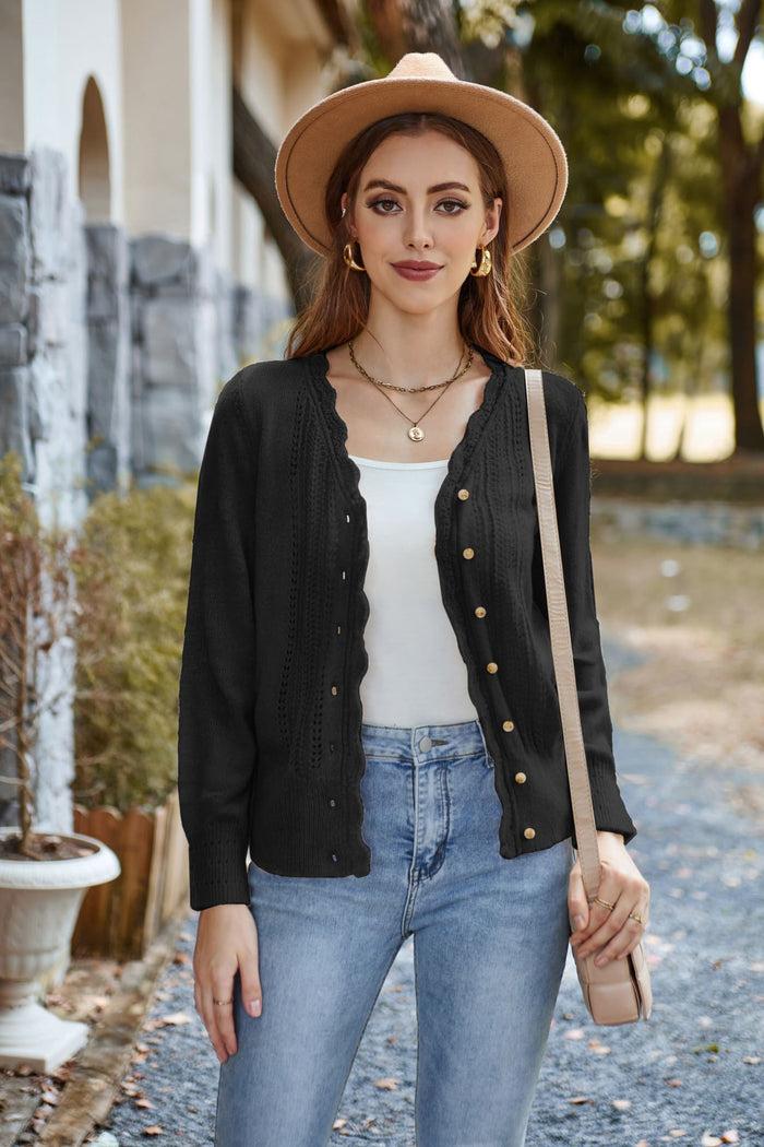 grace karin GK Hollowed-out Cardigan Long Sleeve V-Neck Wide Ribbed Hem Sweater