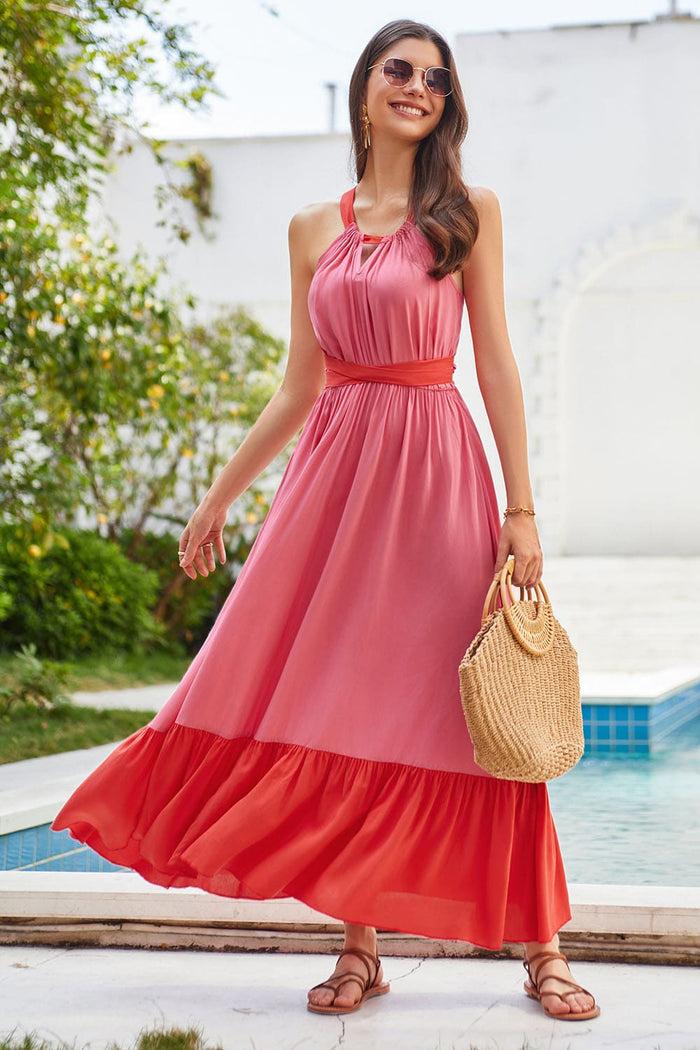Grace Karin GK Women Contrast Color Maxi Dress Cross Back Halterneck Flared A-Line Dress