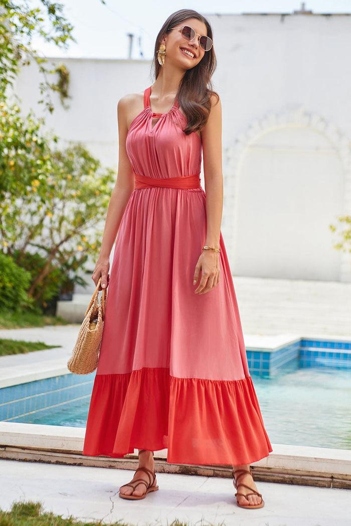 Grace Karin GK Women Contrast Color Maxi Dress Cross Back Halterneck Flared A-Line Dress