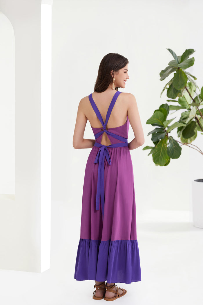 Grace Karin GK Women Contrast Color Maxi Dress Cross Back Halterneck Flared A-Line Dress