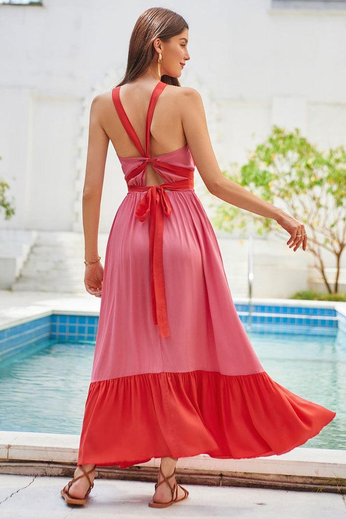 grace karin GK Women Contrast Color Maxi Dress Cross Back Halterneck Flared A-Line Dress