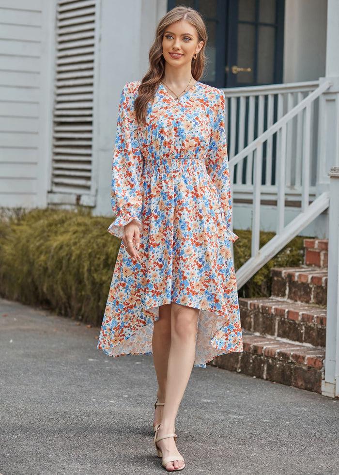 Grace Karin GK Women High-Lo Dress Long Sleeve V-Neck Elastic Waist Flared A-Line Dress