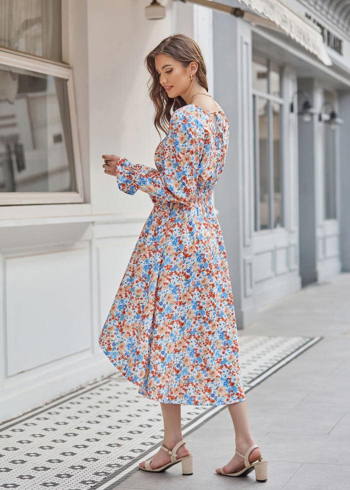 Grace Karin GK Women High-Lo Dress Long Sleeve V-Neck Elastic Waist Flared A-Line Dress