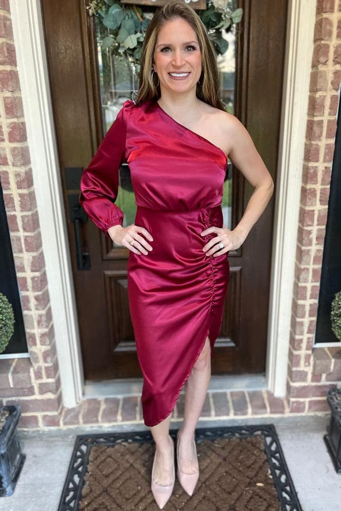 Grace Karin GK Women Irregular Hem Party Dress Asymmetric Long Sleeve Ruched Bodycon Dress