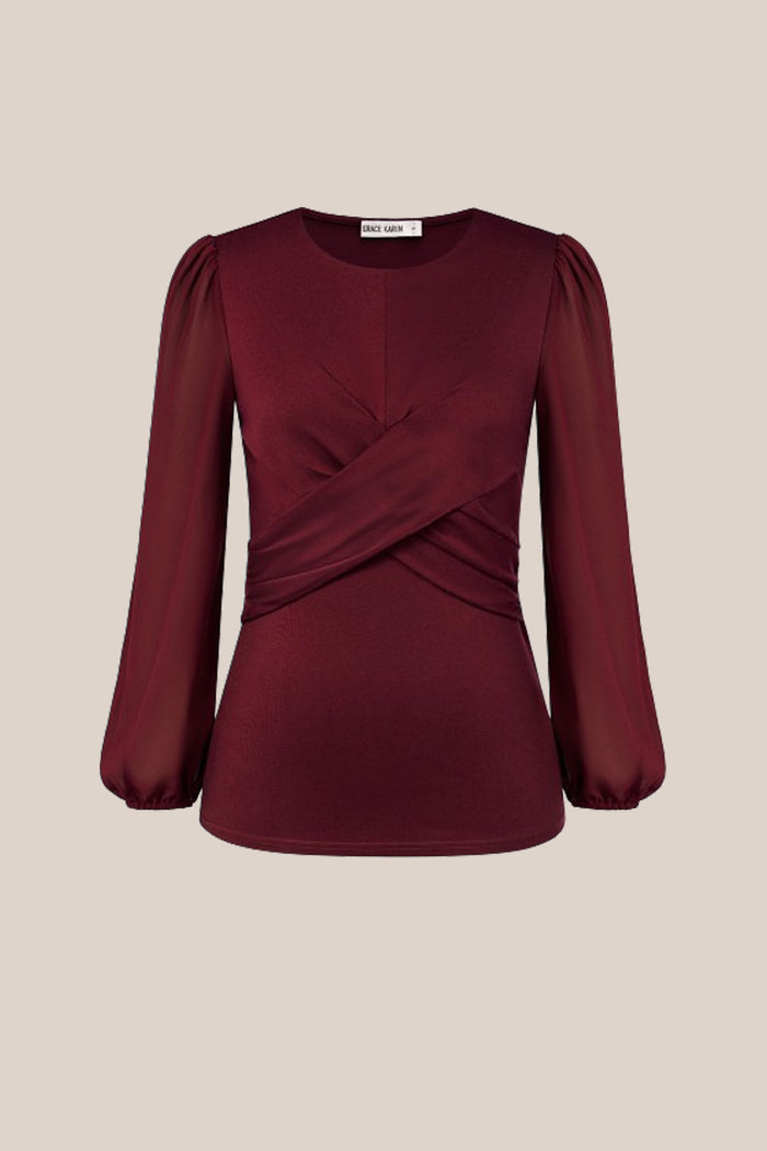 Grace Karin GK Women Knotted Bodice Tops Long Chiffon Sleeve Crew Neck Pullover Tops