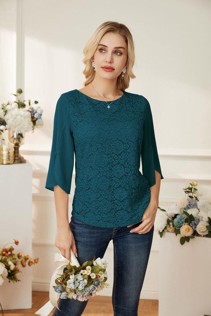 Grace Karin GK Women Lace Patchwork Tops 3/4 Slit Sleeve Crew Neck Pullover Tops