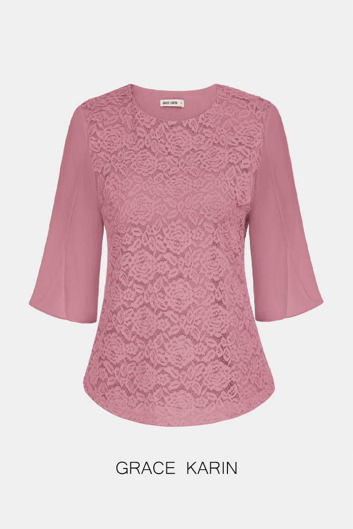 Grace Karin GK Women Lace Patchwork Tops 3/4 Slit Sleeve Crew Neck Pullover Tops