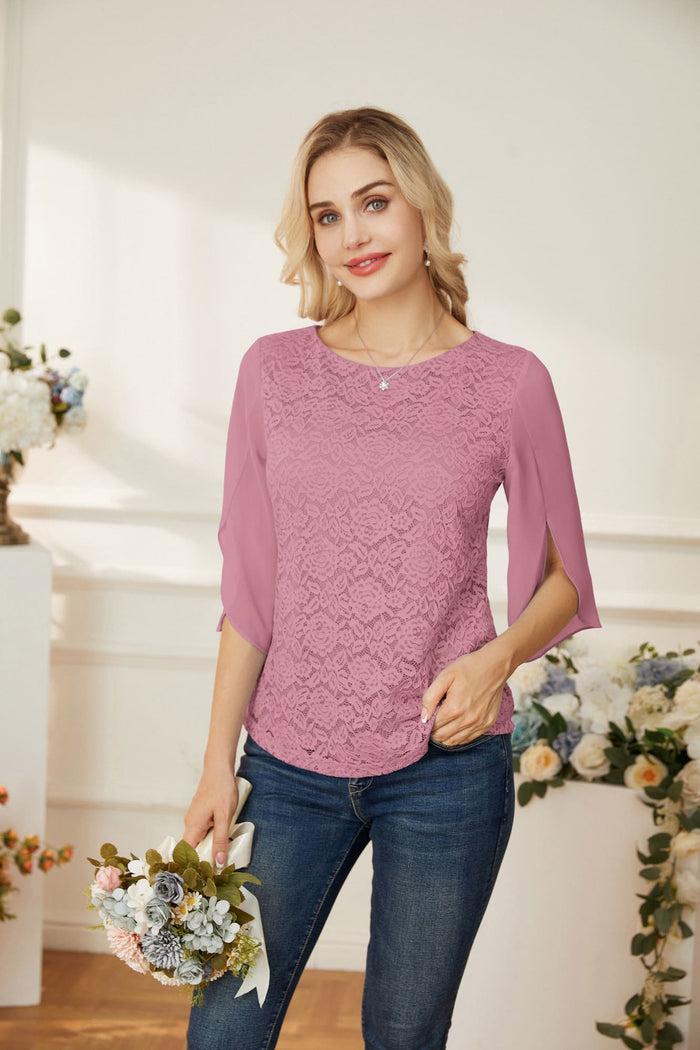 grace karin GK Women Lace Patchwork Tops 3/4 Slit Sleeve Crew Neck Pullover Tops