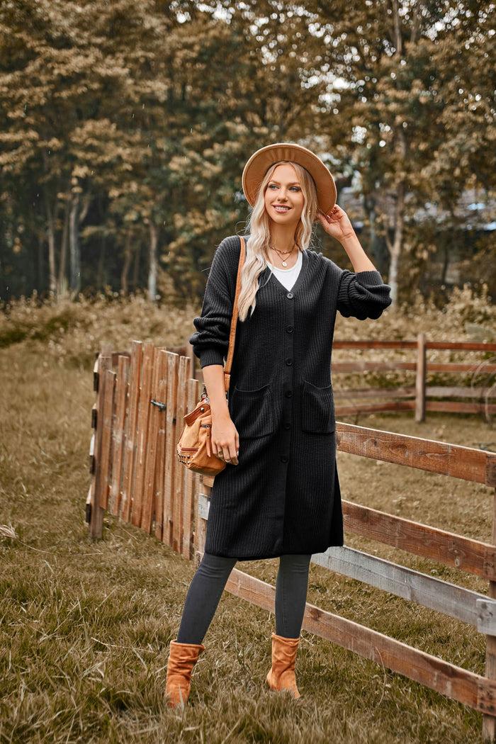 Grace Karin GK Women Mid-Calf Length Cardigan V-Neck Dropped Shoulder Button-up Sweater