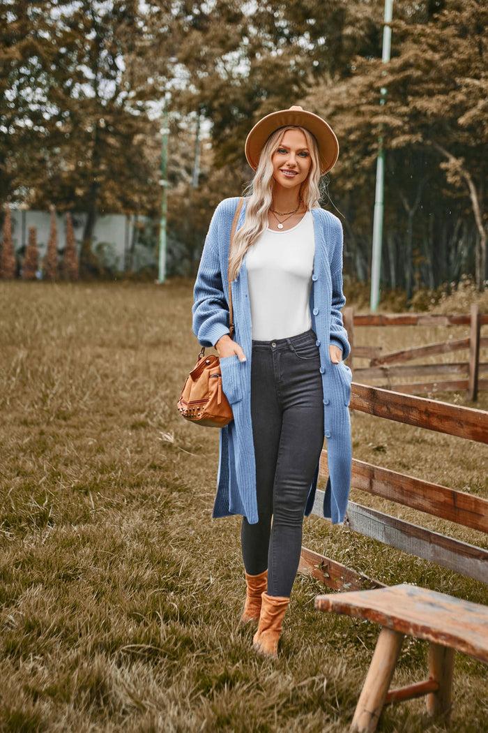 Grace Karin GK Women Mid-Calf Length Cardigan V-Neck Dropped Shoulder Button-up Sweater