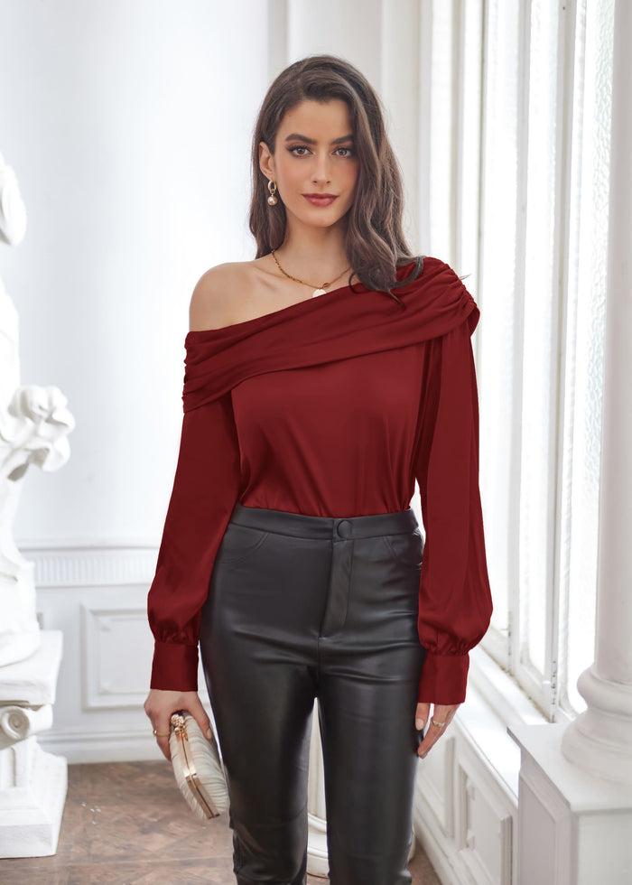 Grace Karin GK Women Off Shoulder Tops Comfy Casual Long Sleeve Oblique Neck Pullover Tops