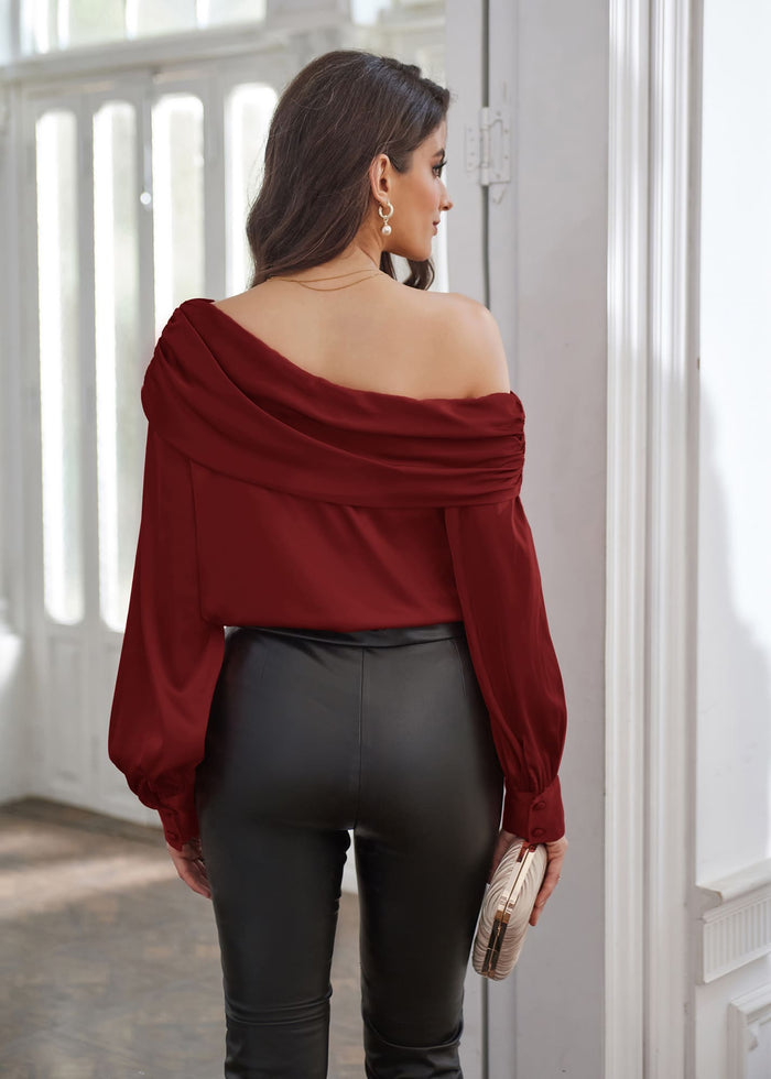 Grace Karin GK Women Off Shoulder Tops Comfy Casual Long Sleeve Oblique Neck Pullover Tops